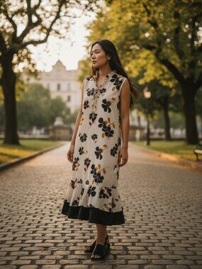 floral ruffled tie dropped flounce hem beige with flowers
